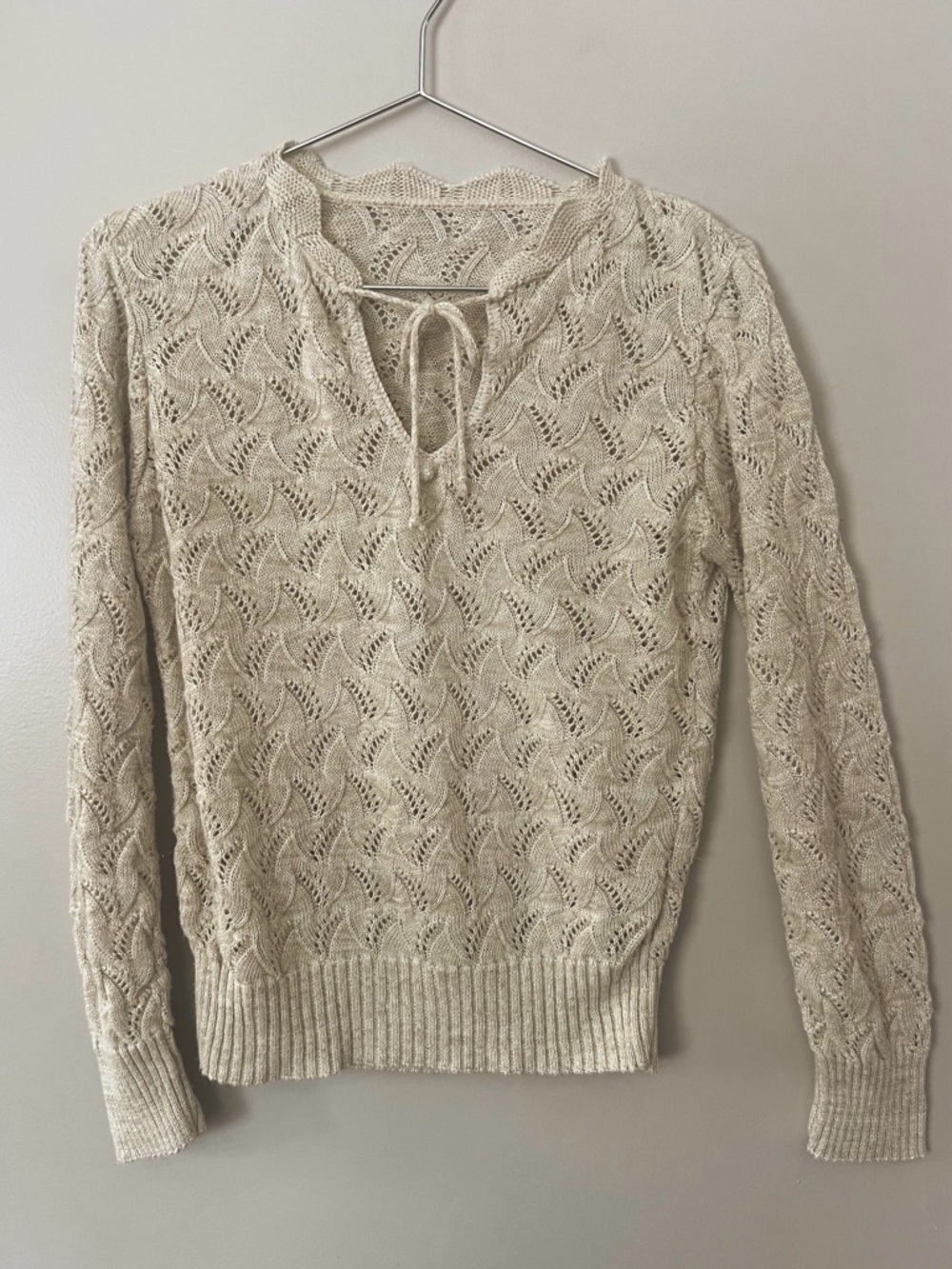 Cream Open Knit Lace Sweater Tie Neck Cottagecore Boho Top Medium - Picture 2 of 10